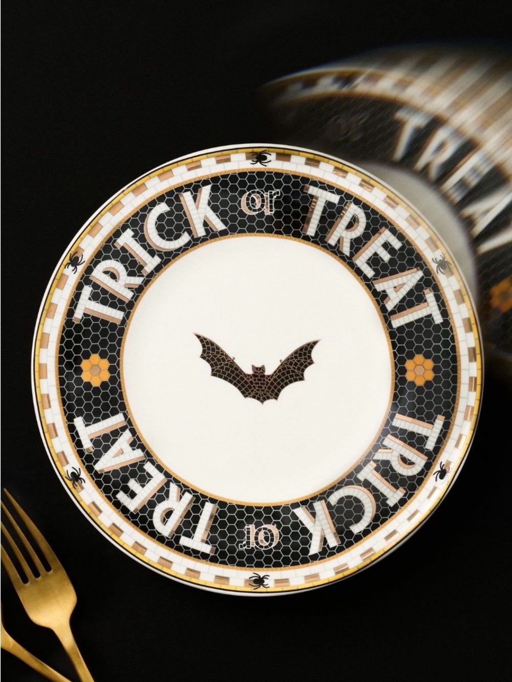 Anthropologie Bistro Tile Stoneware Halloween Dessert Plate NWT